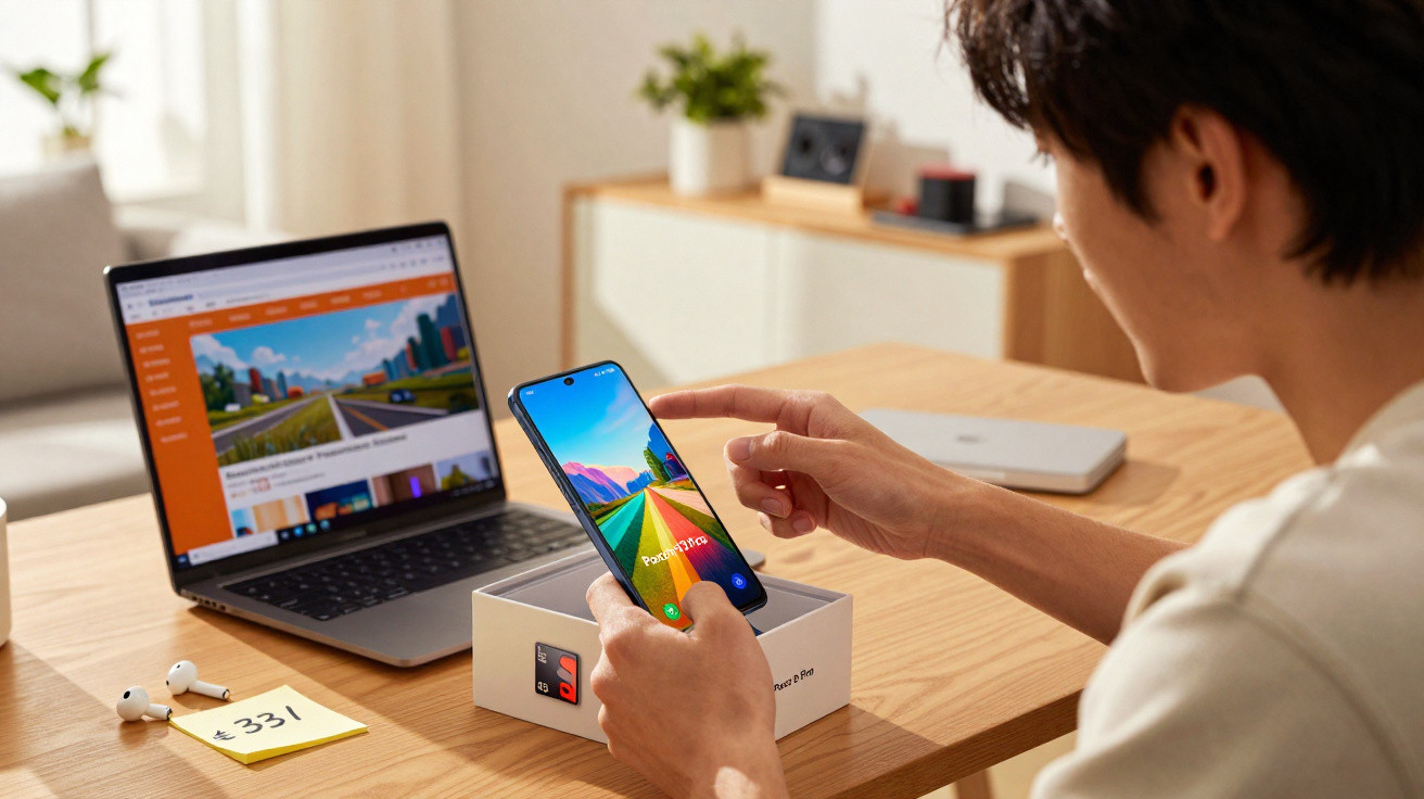 Person holding a new smartphone above its box, with laptop and wireless earbuds on a wooden table in a bright room.