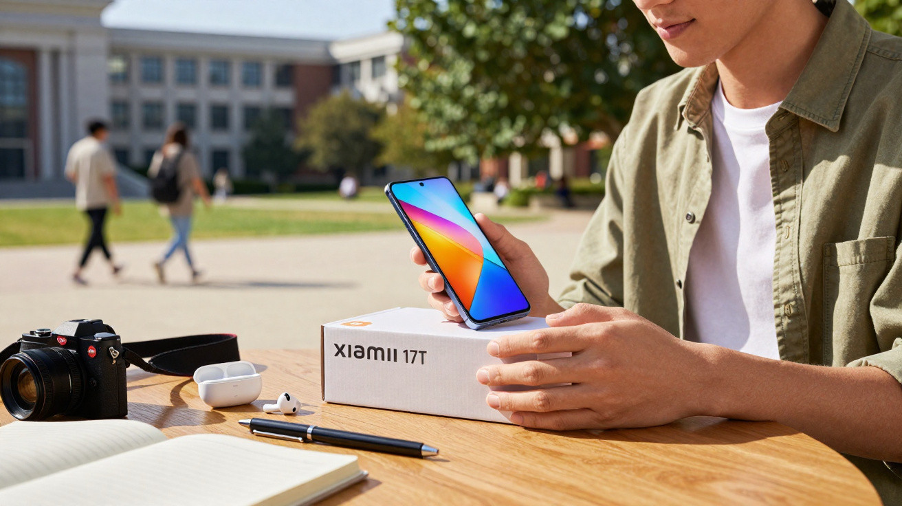 Person holding Xiaomi 17T smartphone over its box on a wooden table with camera and earphones outdoors.