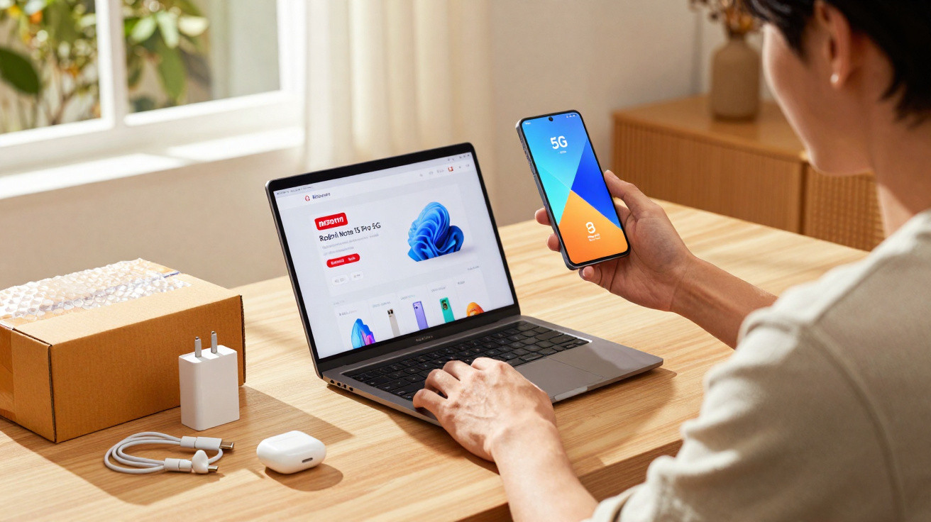 Person holding a smartphone displaying 5G next to an open laptop showing a tech shopping website on a wooden desk.
