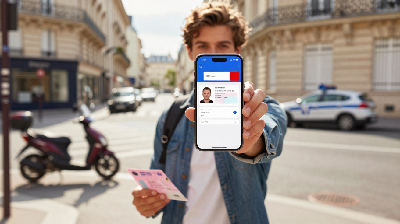 Young man holding up smartphone displaying a digital ID app on a city street with a police car in the background.