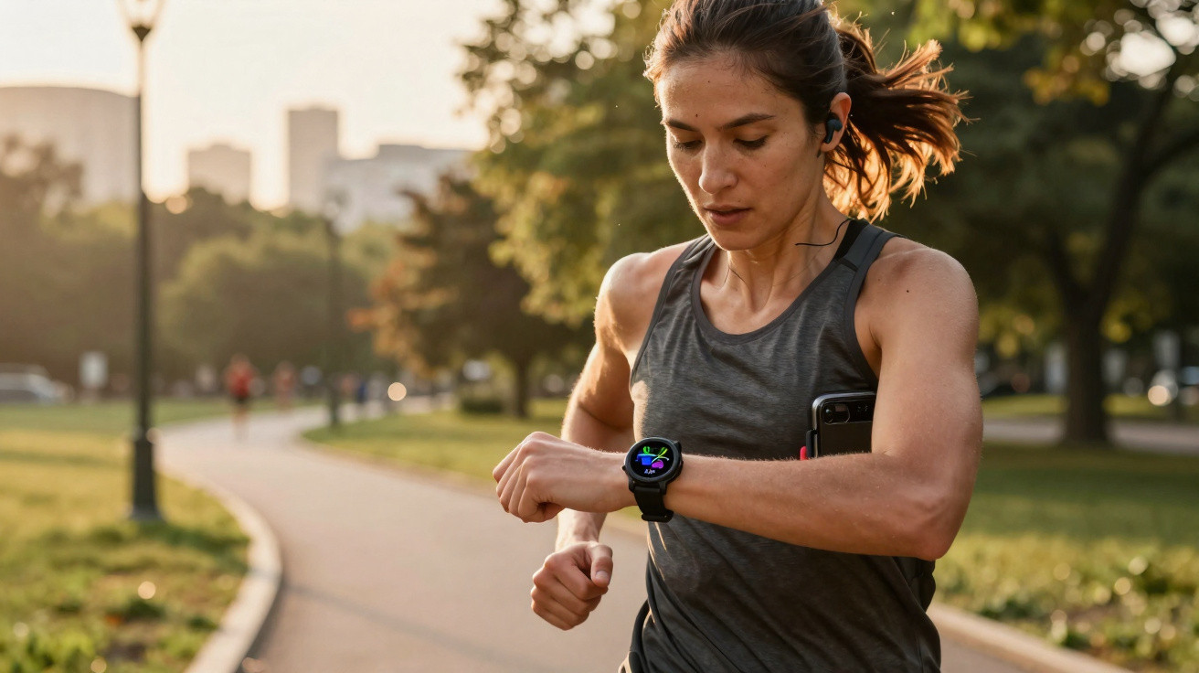 Woman in sportswear checking smartwatch while running on a park path at sunset with earphones in.