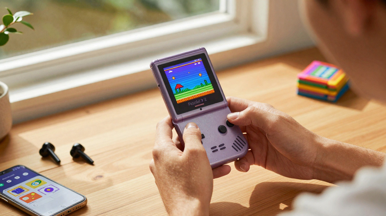 Person playing a handheld retro-style video game console on a wooden table near a window.