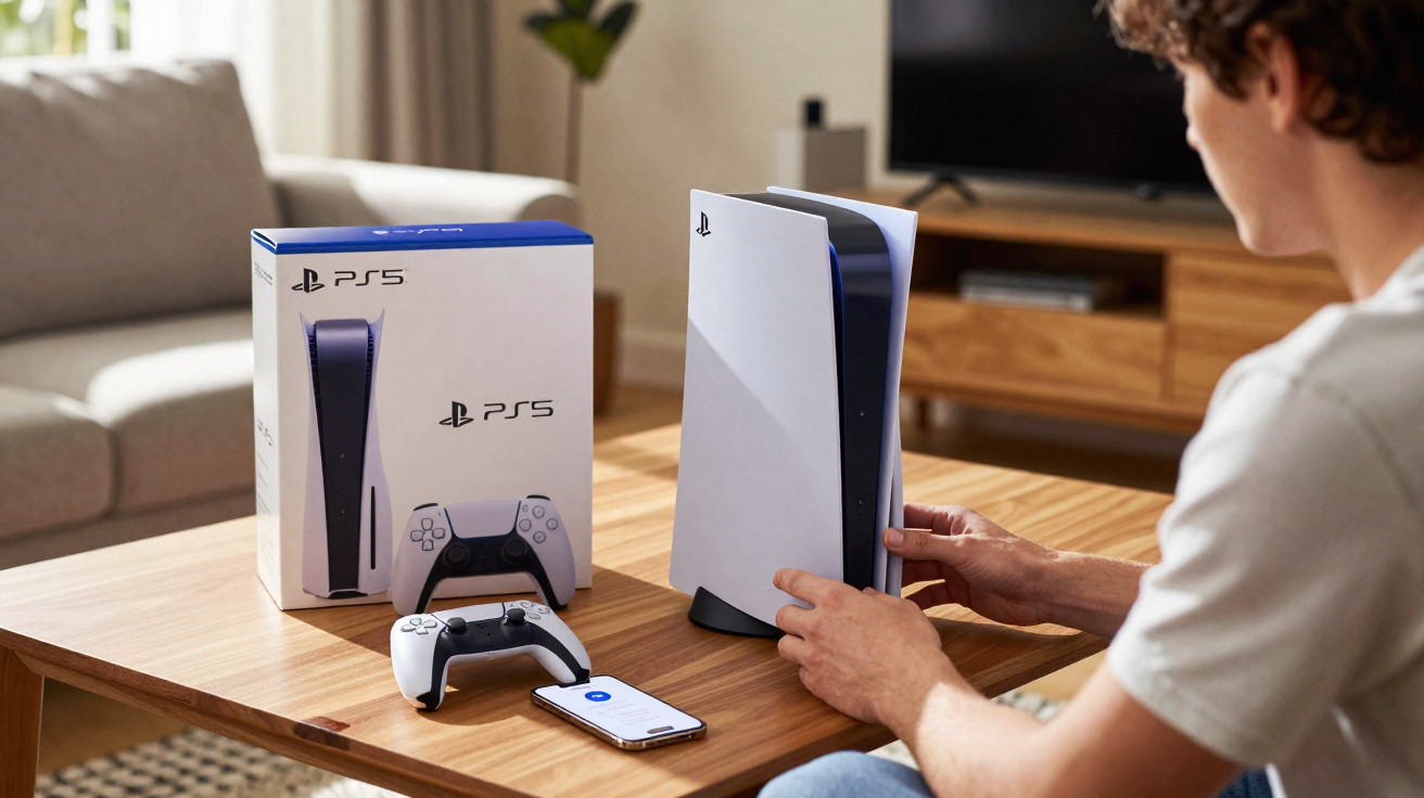 Person setting up a PlayStation 5 console on a wooden table next to controllers and a smartphone.