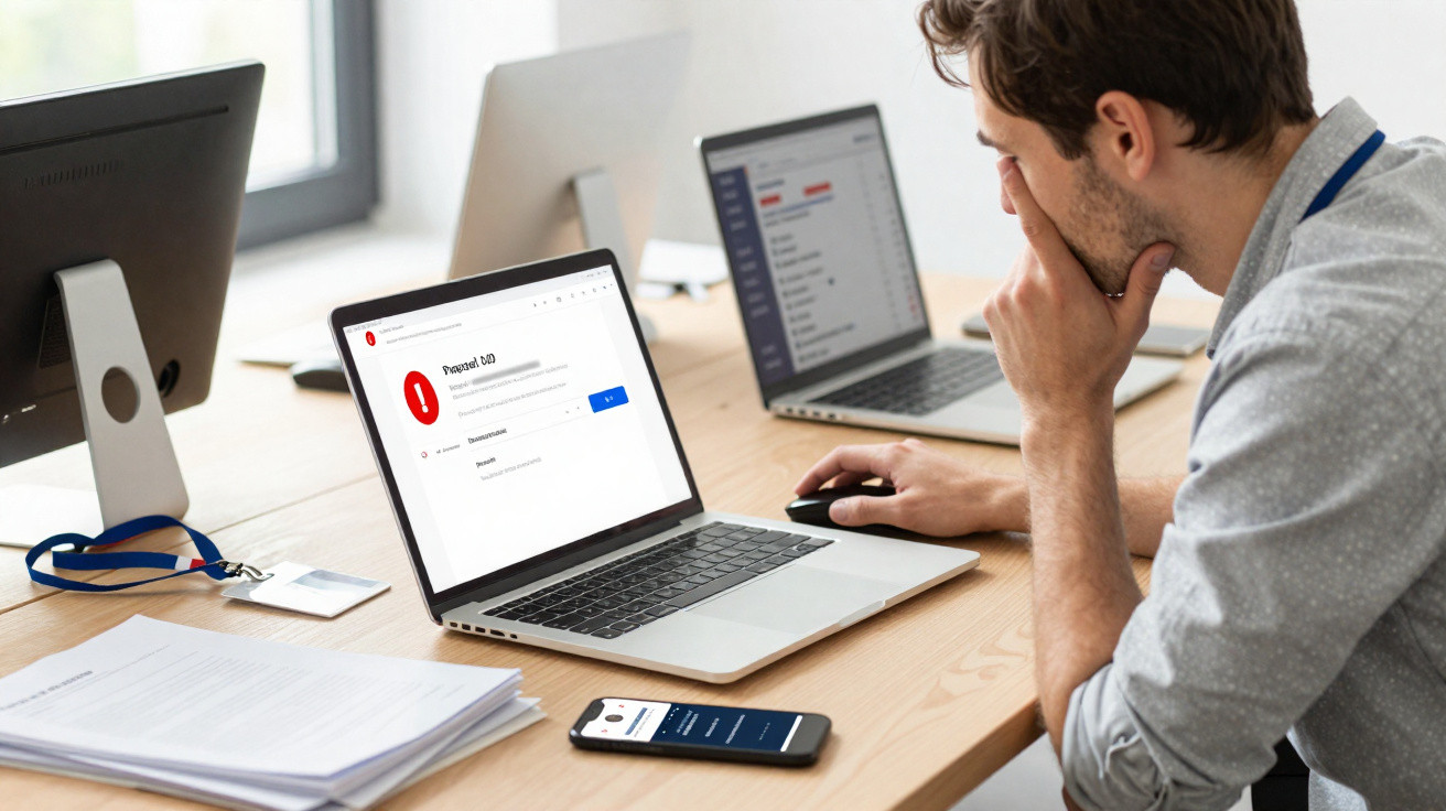 Man entering password on laptop at wooden desk with another laptop, smartphone, and documents nearby in office setting.