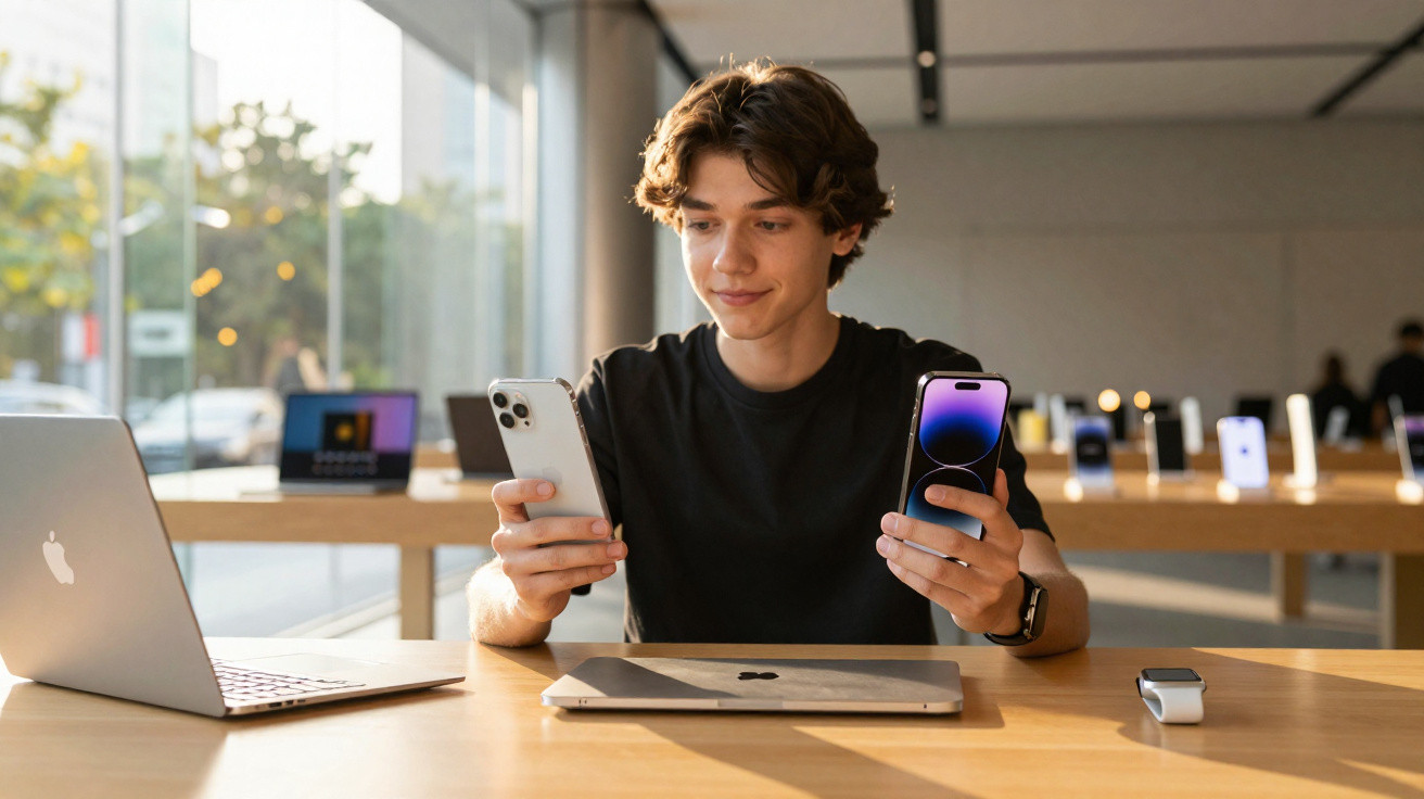 Young man comparing two smartphones inside a modern store with Apple products on wooden tables.