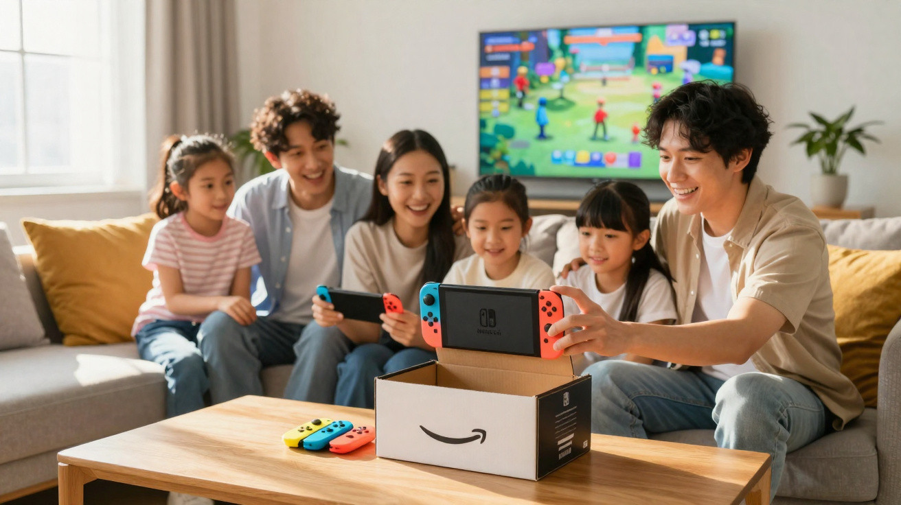 Family of six playing video games together in living room with Nintendo Switch and Amazon box on table.