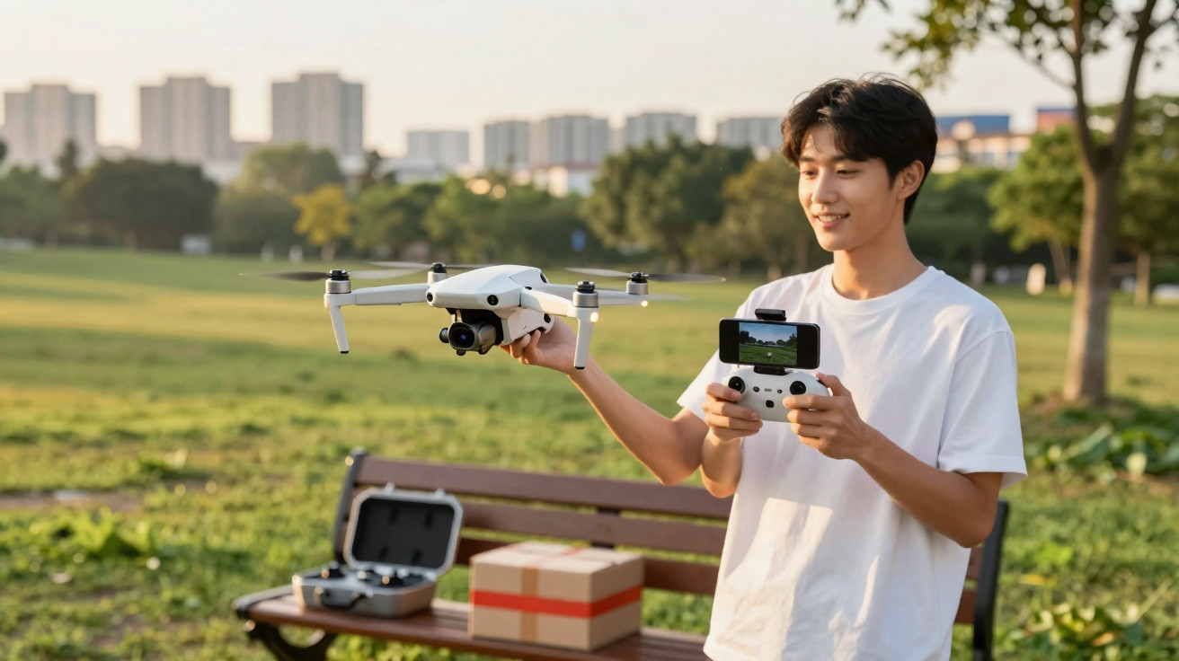 Young man holding a drone and remote controller in a park with a bench, box, and cityscape in the background.