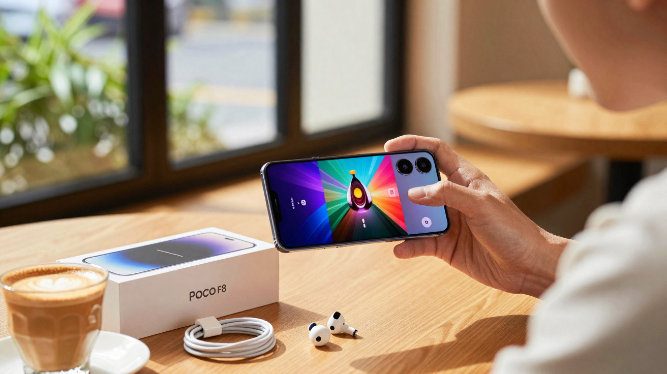 Person holding a Poco F8 smartphone displaying colourful screen beside its box, earbuds, charging cable, and latte on table.