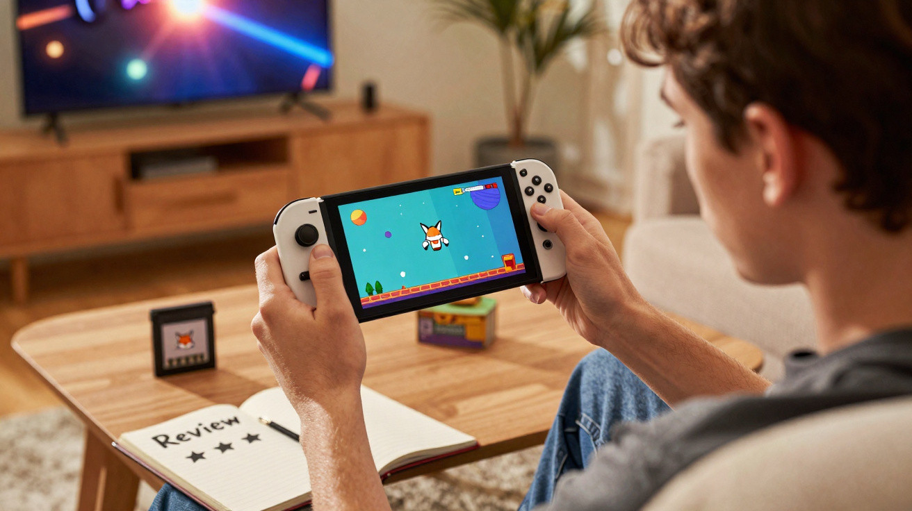 Person playing a handheld console with a side-scrolling video game in a living room setting.