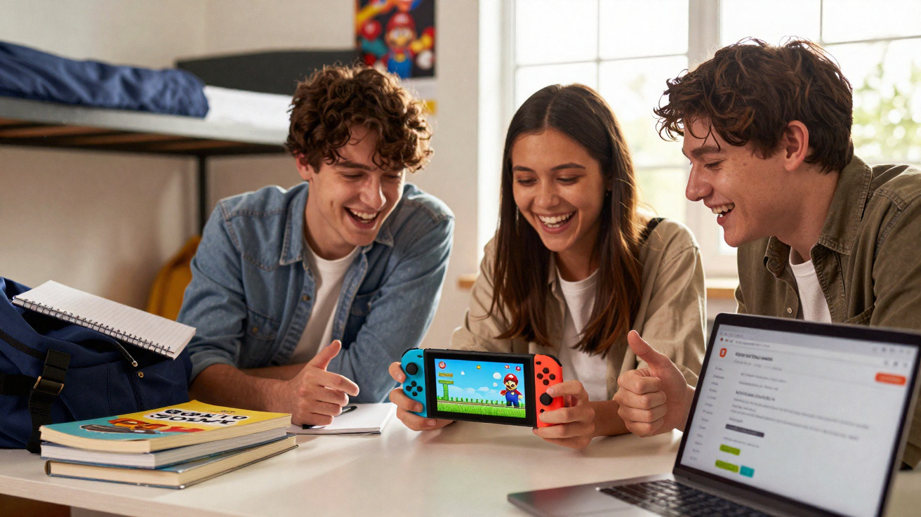 Three young people smile and play a handheld video game together at a table with books and a laptop nearby.
