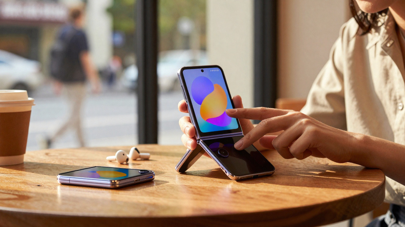 Person using a foldable smartphone on a wooden table with a second folded phone, earbuds, and a takeaway coffee cup nearby.