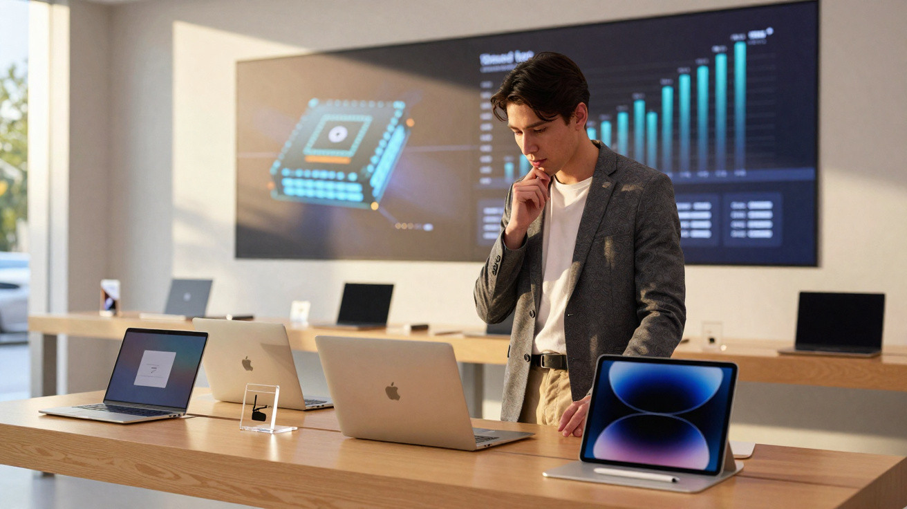 Man in blazer examining laptops and tablet on wooden table inside a modern tech store with data charts on screen.