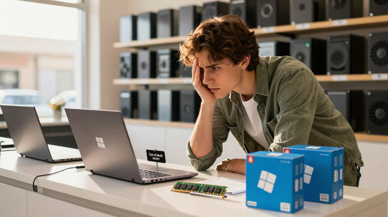 Young man in a tech shop looking worried at a laptop with an "Out of stock soon" sign and computer parts on the counter.