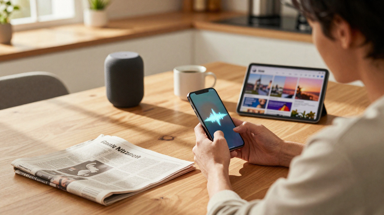 Person using smartphone with audio waveform on screen at a wooden table with newspaper, tablet, speaker, and mug nearby.