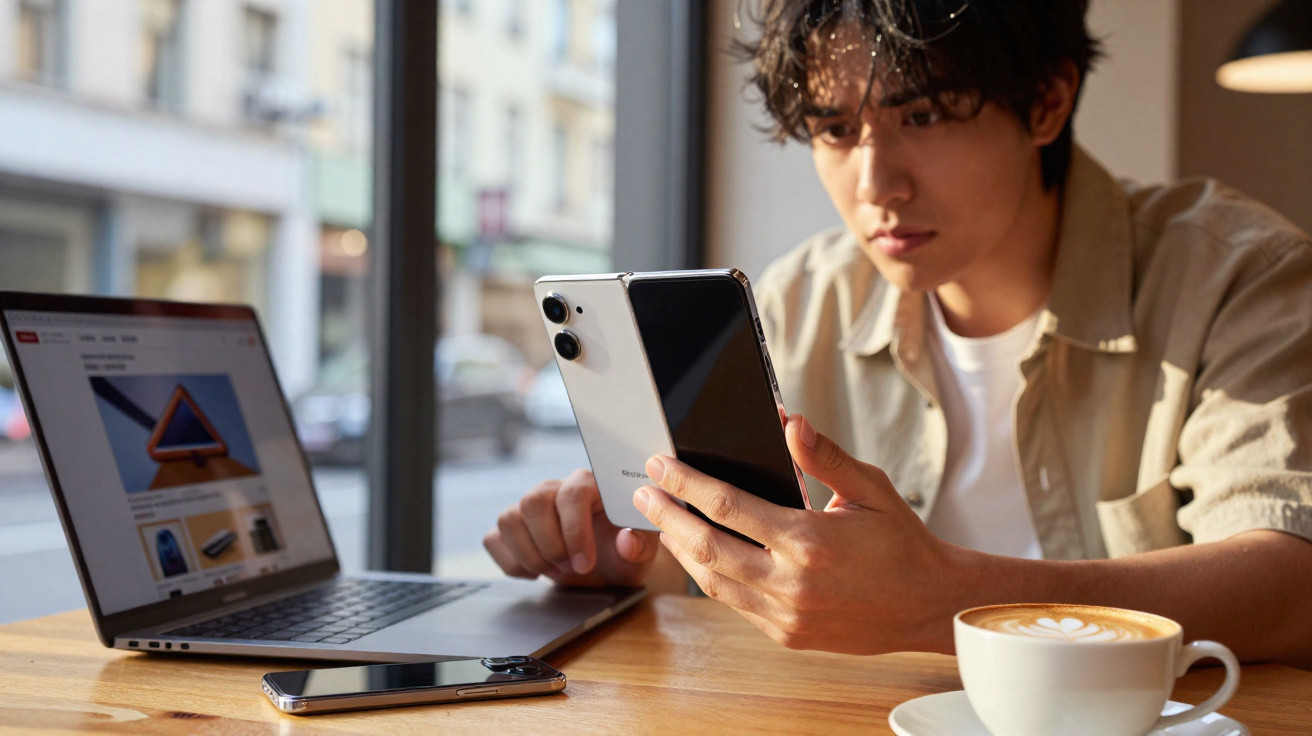 Man using smartphone and laptop at a wooden table with a cup of coffee in a bright café.