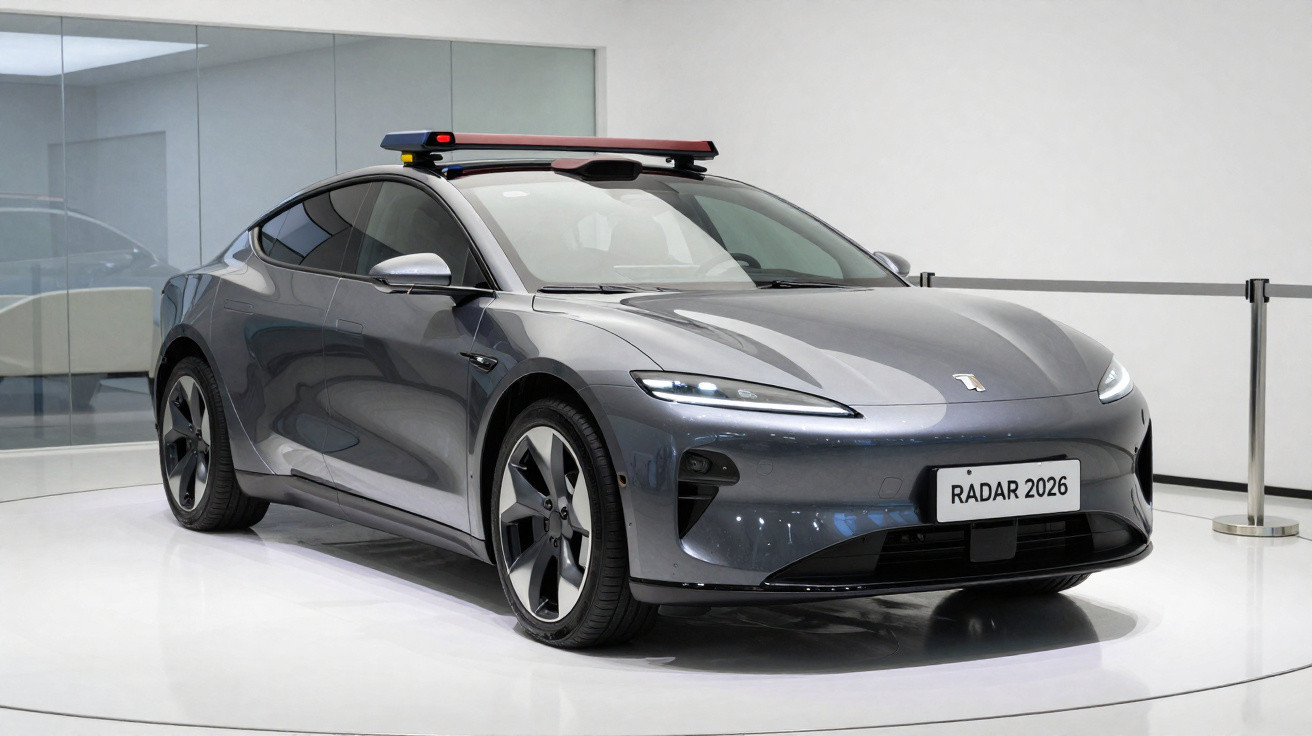 Sleek grey electric sedan with radar equipment on roof displayed in a bright showroom.