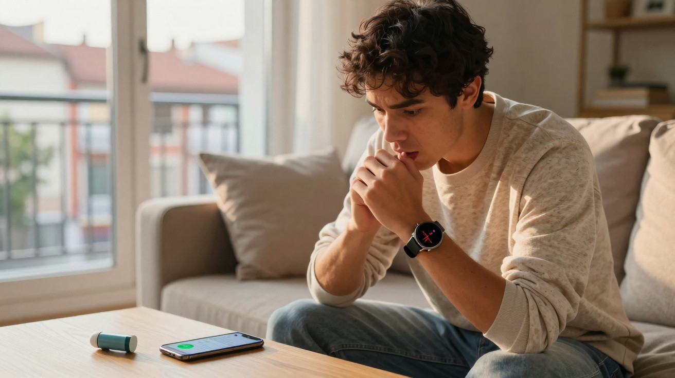 Young man with smartwatch seated on sofa, looking anxiously at phone and asthma inhaler on table.