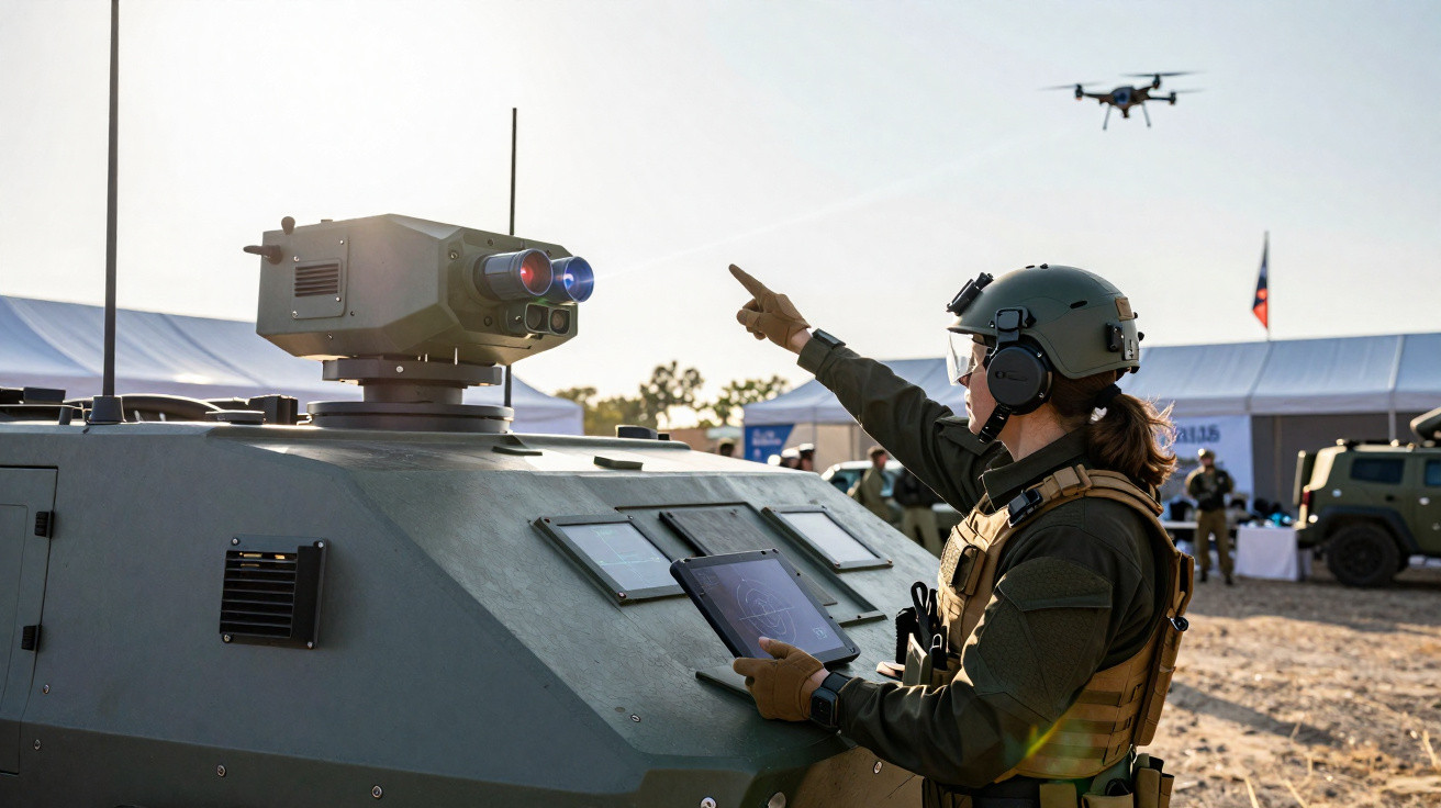 Soldier in tactical gear controls drone near military vehicle with mounted surveillance equipment at outdoor event.