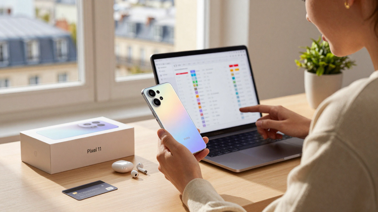 Person holding a Pixel 11 phone at a desk with its box, wireless earbuds, a card, and an open laptop.