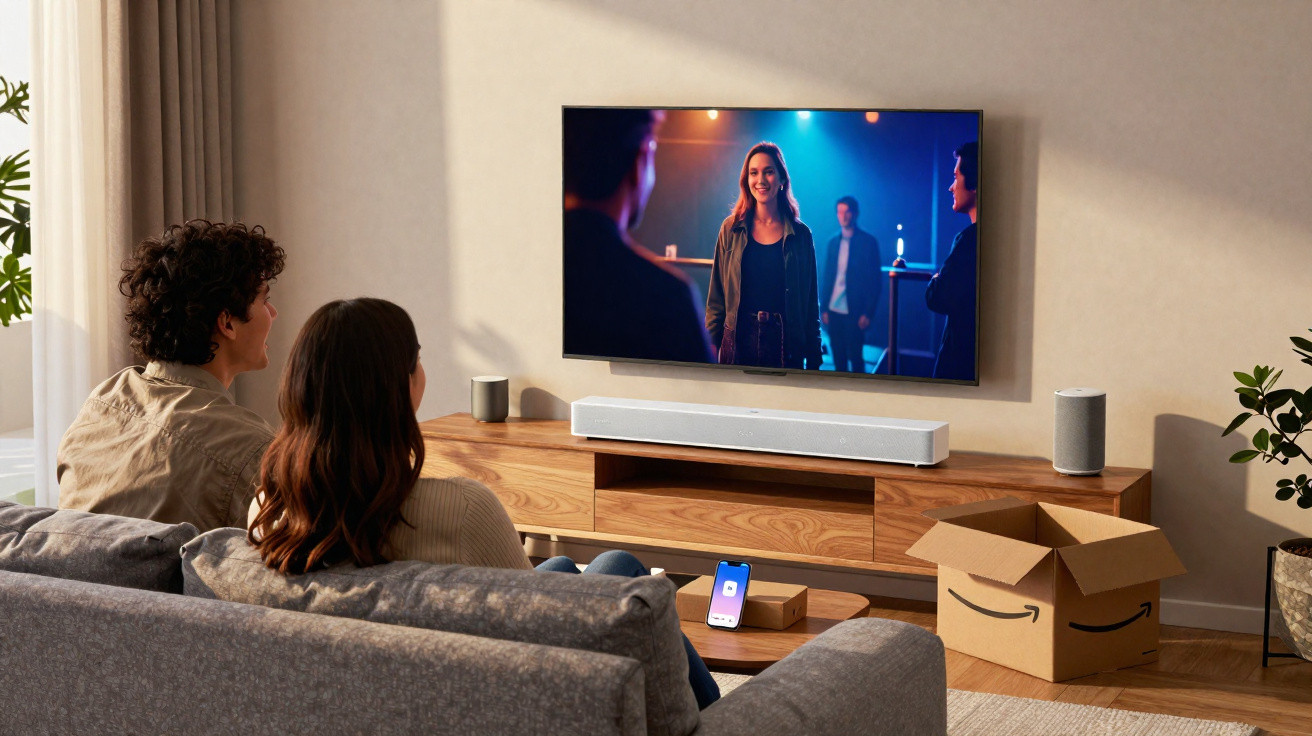 Couple sitting on a grey sofa watching TV with a soundbar, smart speaker, and an open Amazon box in a modern living room.