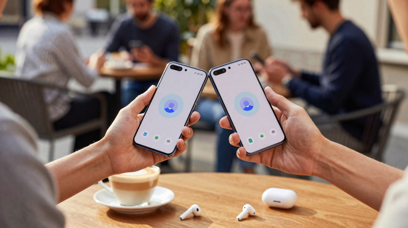 Two people holding smartphones with user profile icons on screens at a café table with coffee and wireless earbuds.