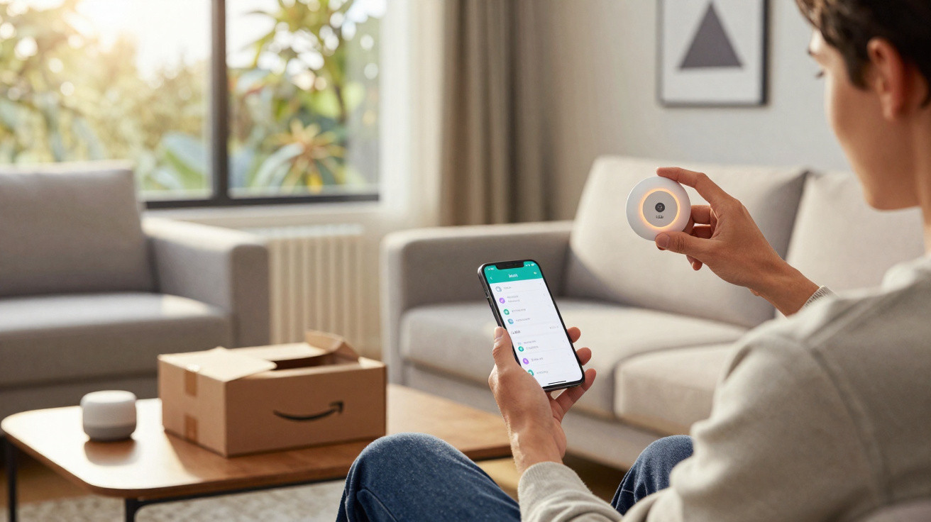 Person holding a smart home device and smartphone in a modern living room with a cardboard box on the table.