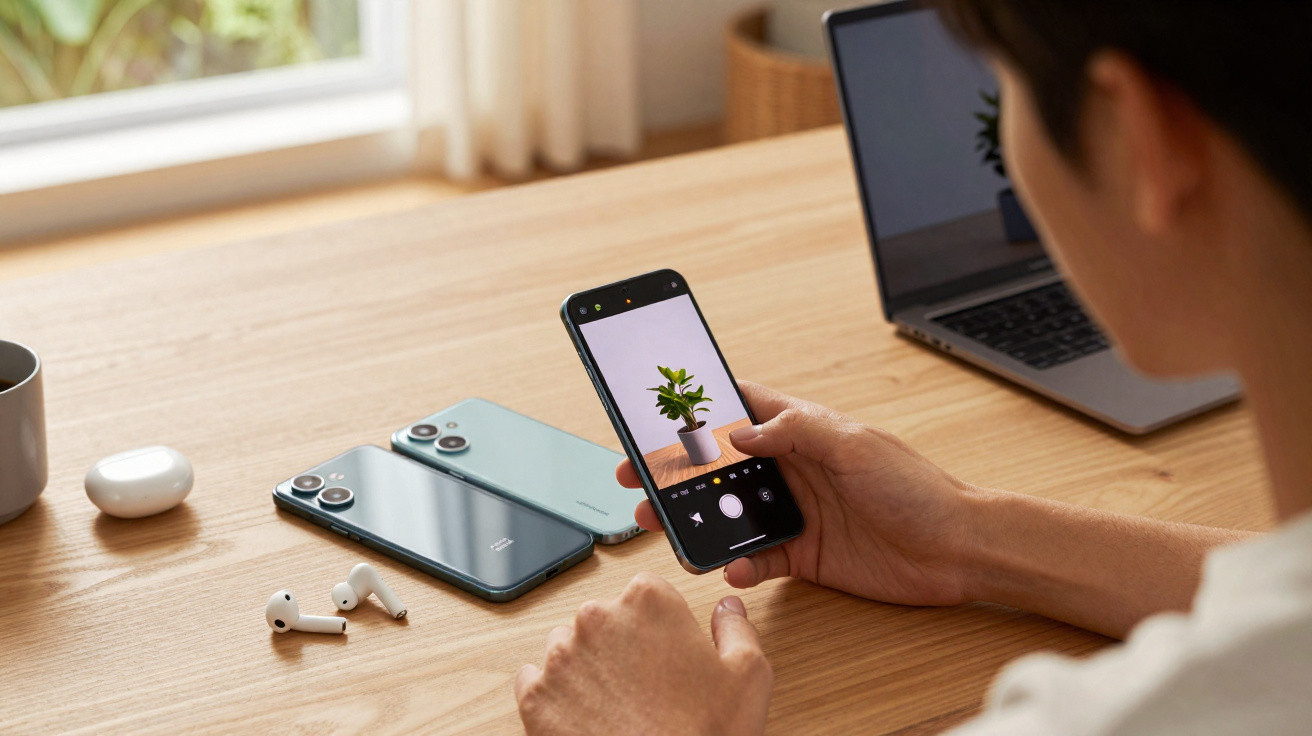 Person taking a photo of a small potted plant on a wooden desk with smartphones and earbuds nearby