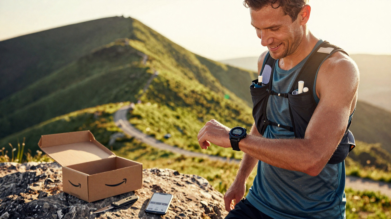 Man in running gear checks smartwatch on hilltop beside phone, knife, and Amazon box with mountain background.