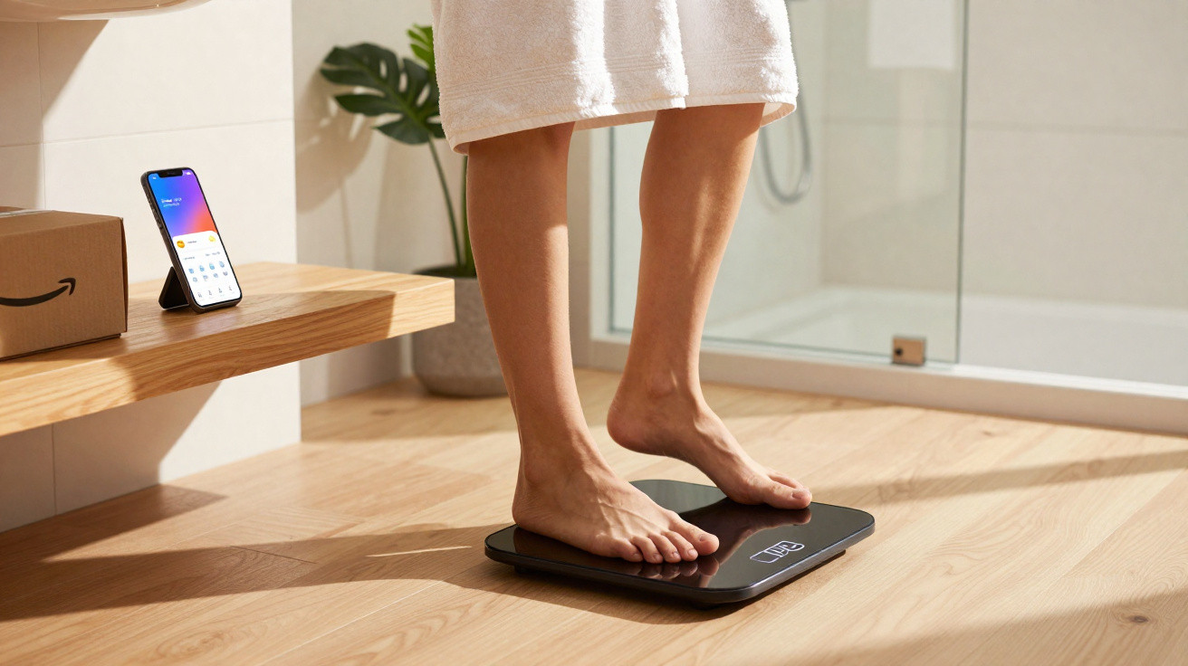 Person standing barefoot on a digital bathroom scale with a smartphone on a shelf nearby in a bright room.