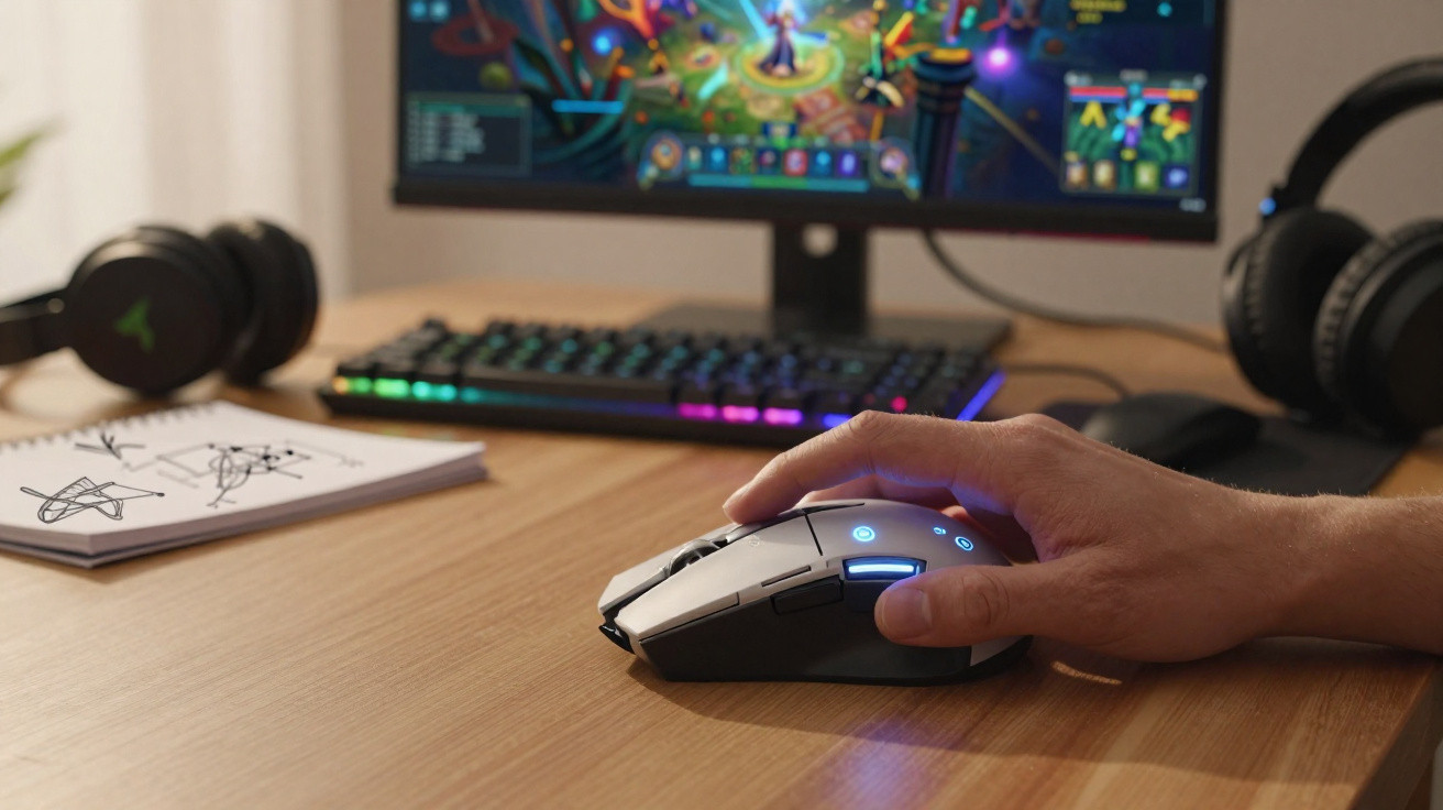 Person using a lit gaming mouse on a wooden desk with a keyboard, headphones, and a computer screen in the background.