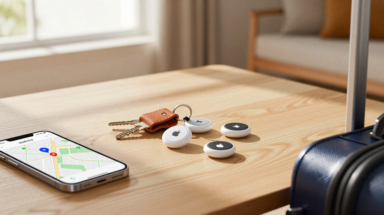 Smartphone showing map app, keys with leather keychain, and four Apple AirTags on wooden table near suitcase.
