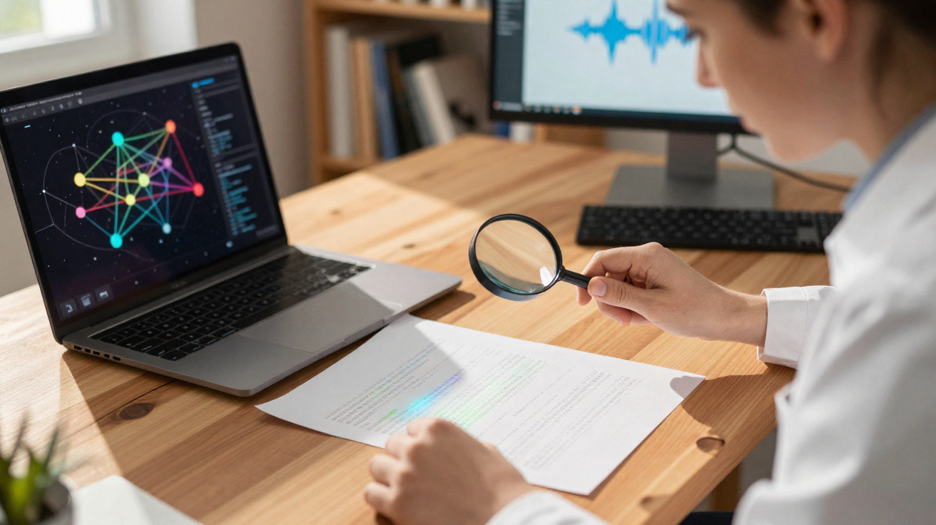Person using a magnifying glass to read a document, with a laptop showing a neural network on screen nearby.