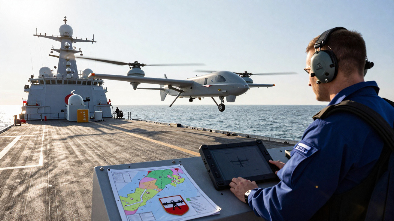 A crew member controls a drone launching from a naval ship on a calm sea during daylight.