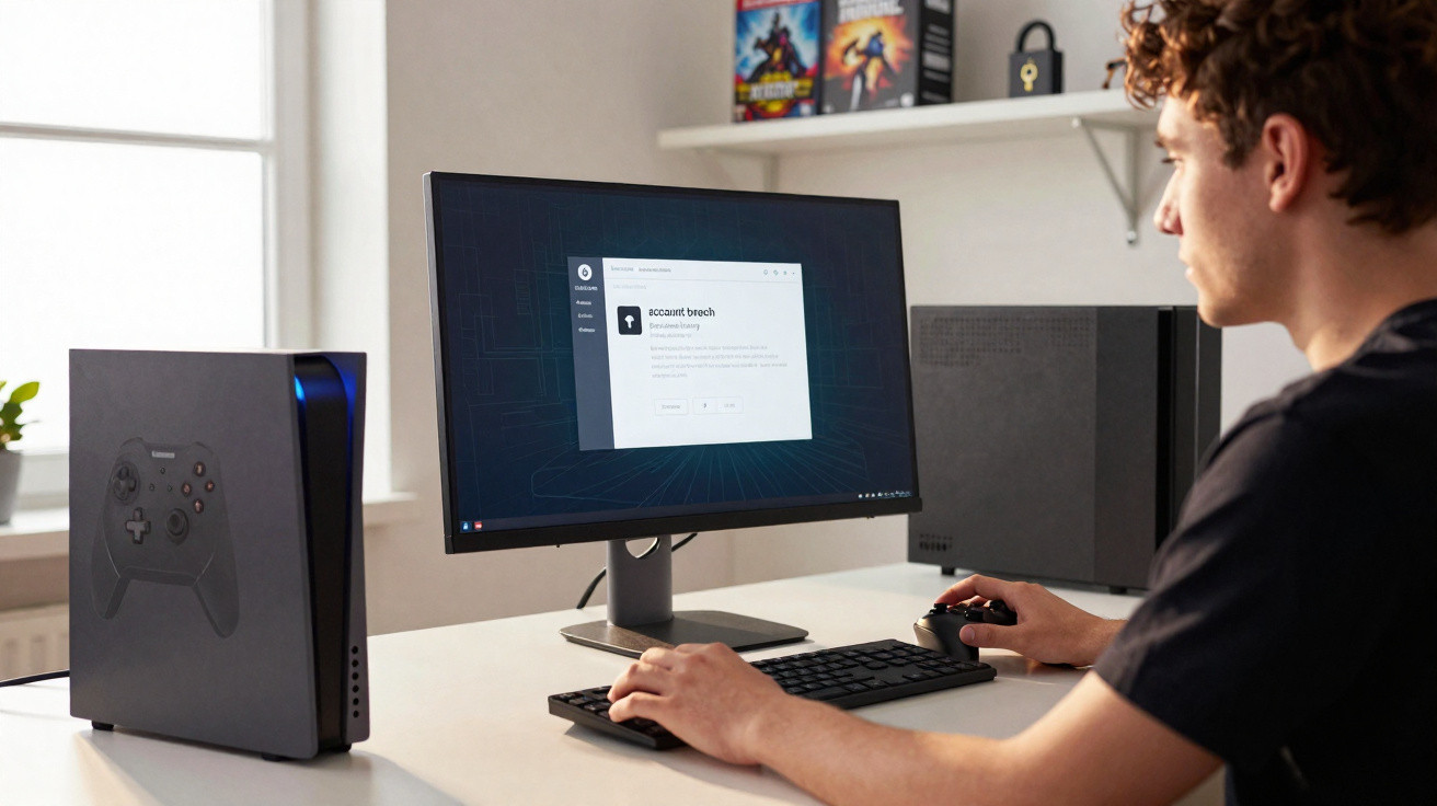 Person using a computer displaying an account breach alert on the screen in a brightly lit room.