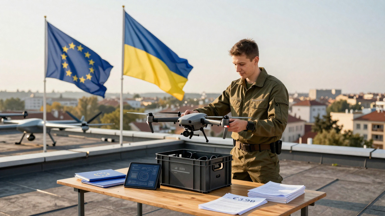 Person in military uniform preparing a drone on rooftop with European Union and Ukraine flags in the background