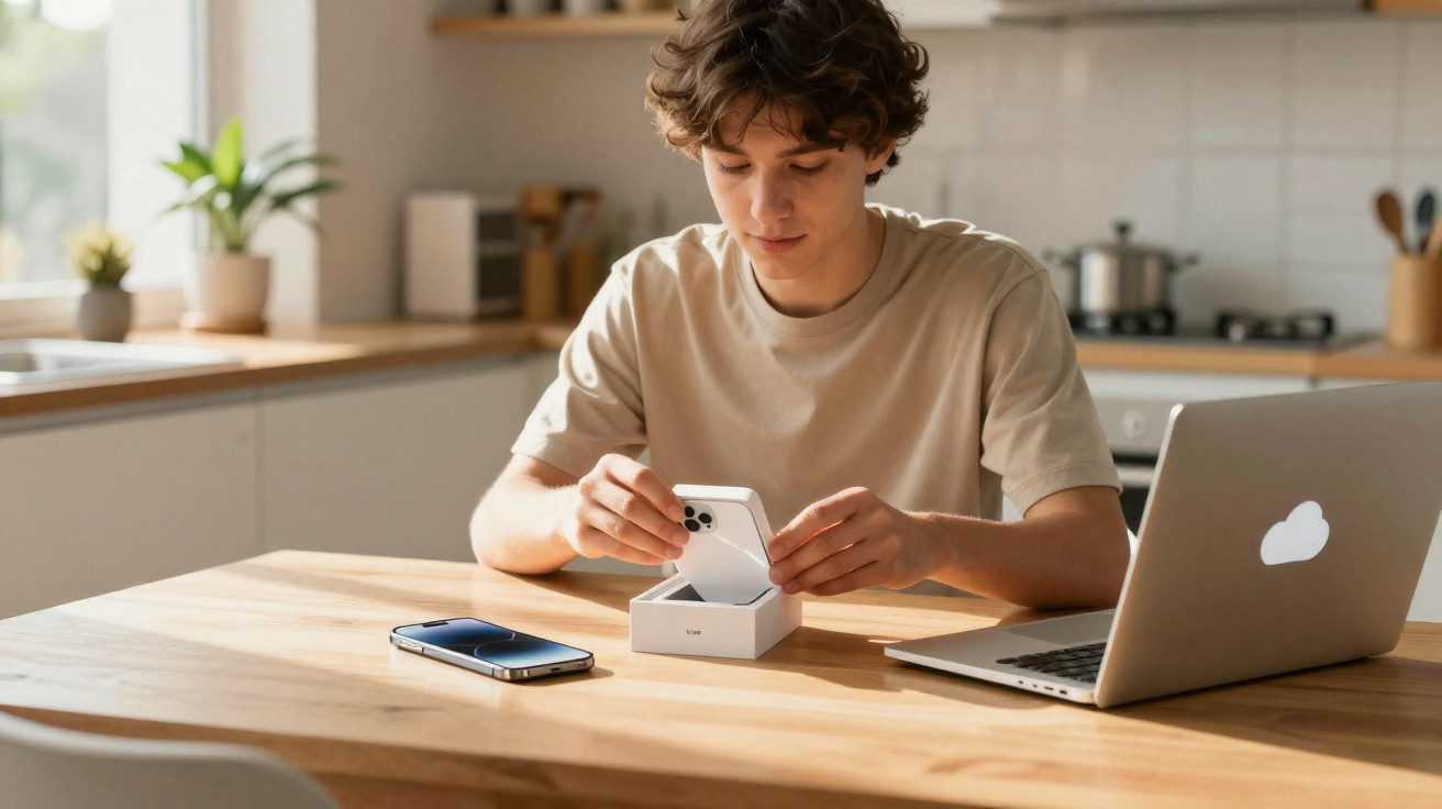 Young man unboxing a smartphone at a wooden kitchen table with a laptop and another phone nearby.