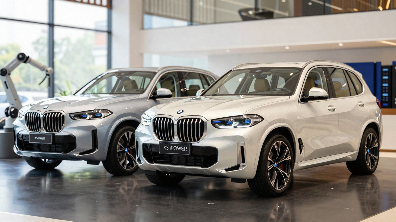 Two BMW X5 xDrive40e luxury SUVs displayed indoors, one white and one grey, with modern showroom lighting.