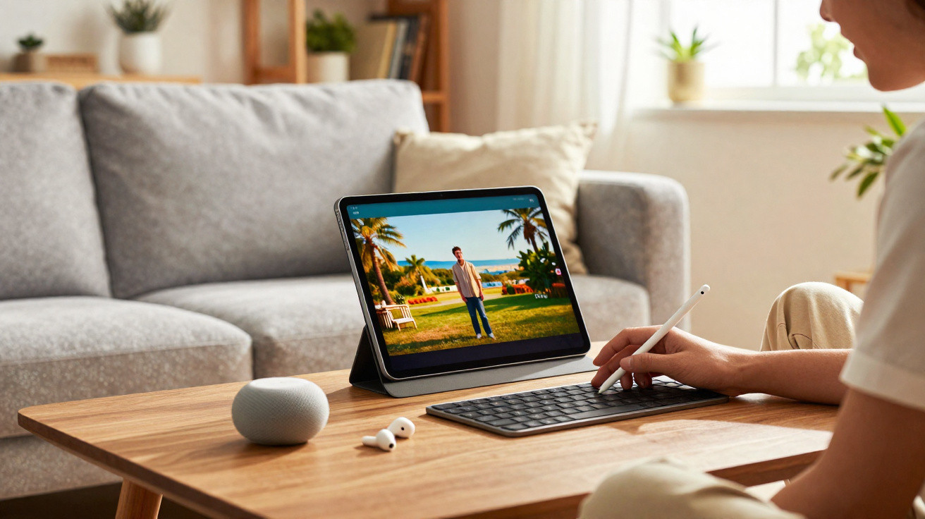 Person using a tablet with keyboard and stylus on a wooden table in a bright living room.