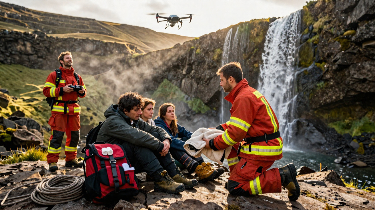 Mountain rescue team with drone assisting three hikers near a waterfall in a rocky landscape at sunset.