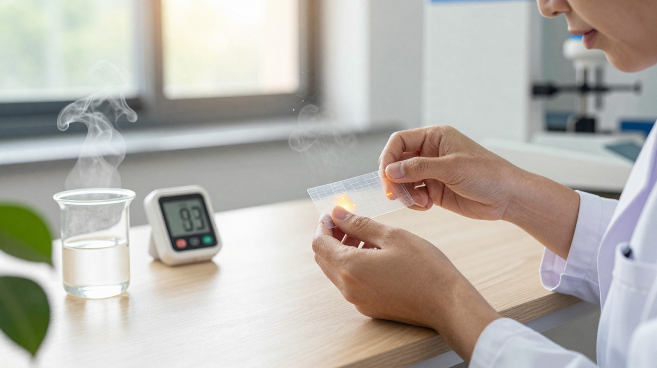 Scientist holding a transparent slide with glowing spots near a steaming beaker and digital thermometer on a table.