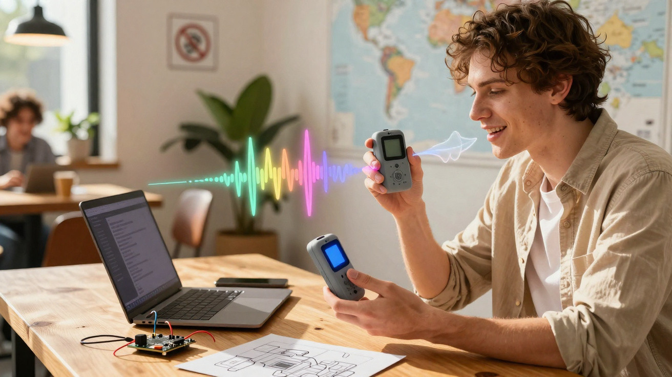 Young man testing a voice-activated device with colourful sound waves in a modern office.