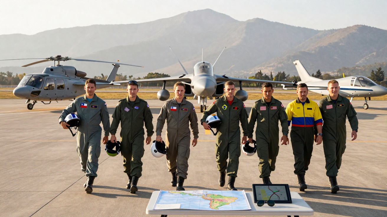 Seven military pilots in flight suits walk from a runway with helicopters and jets behind them and a map on a table.