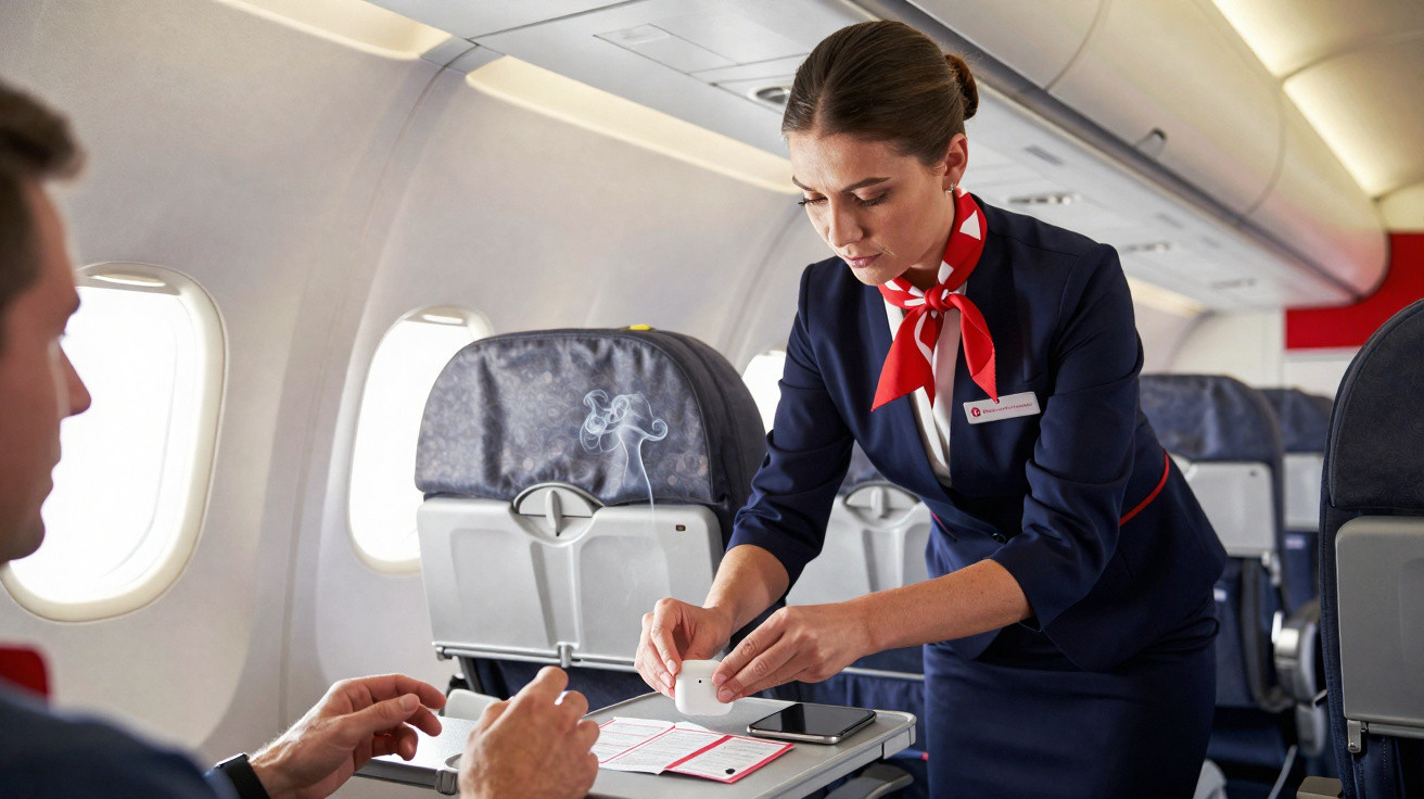 Flight attendant demonstrating the use of a smoke detector during an in-flight safety briefing on an airplane.