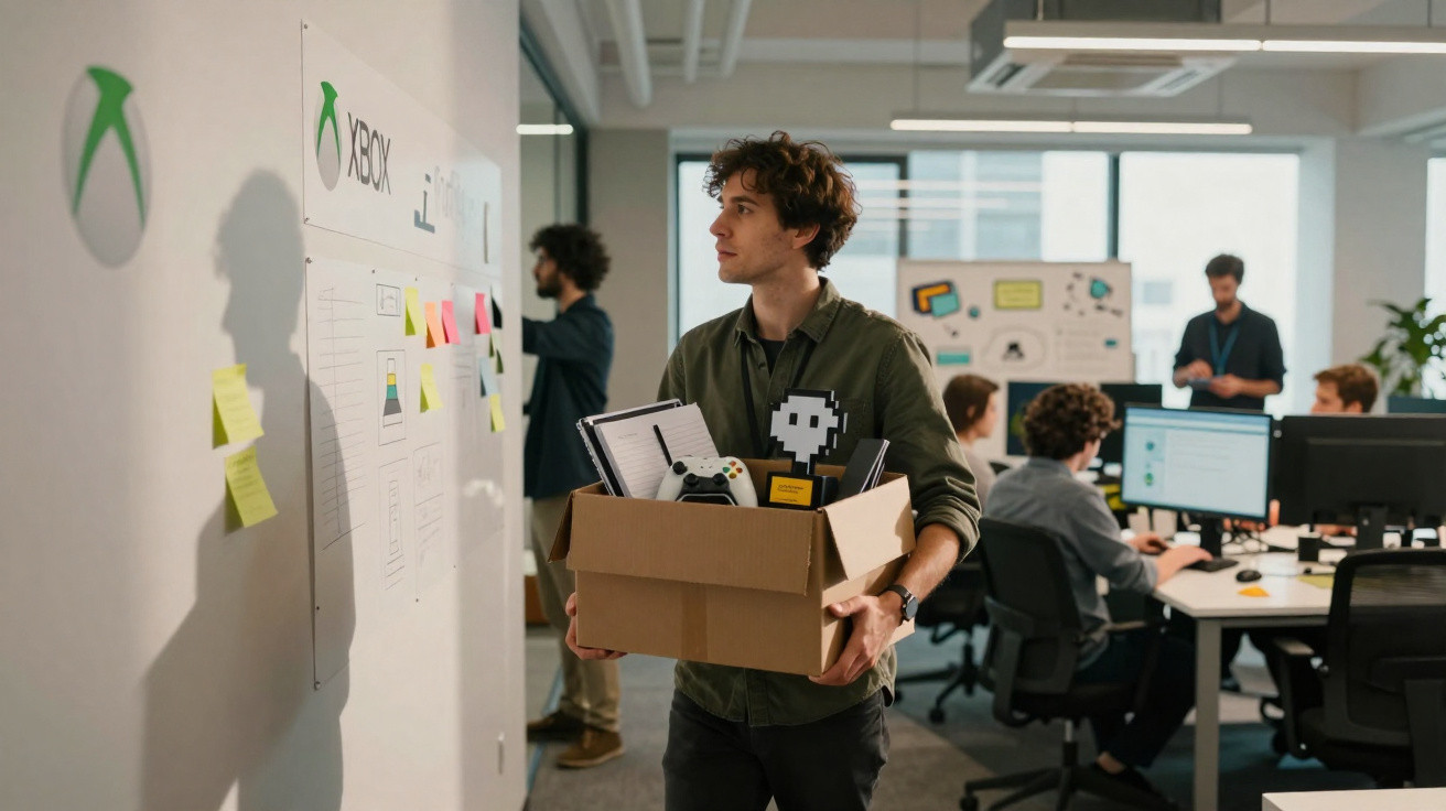 Man holding a box of office items, including a game controller, inside a modern workspace with people working in the backgrou