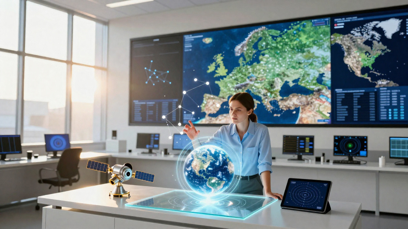 Woman interacting with a holographic Earth and satellite model in a modern control room with large map screens.