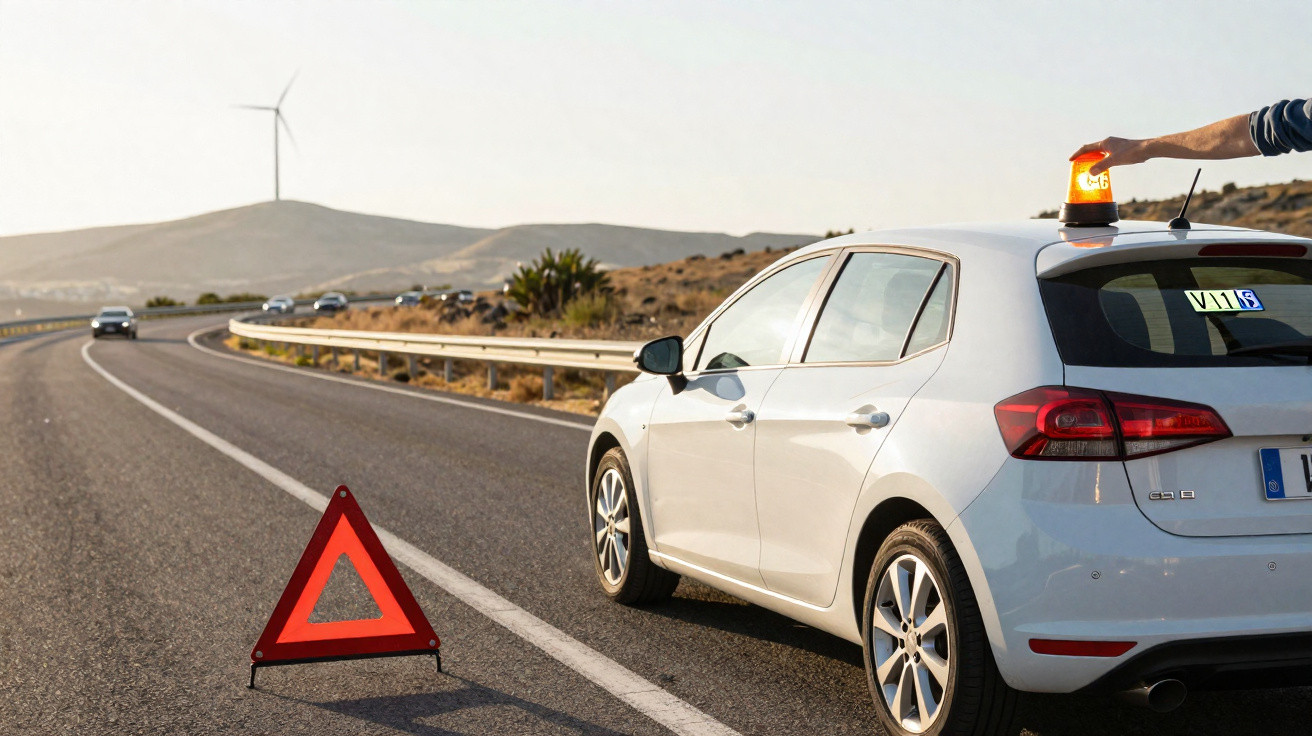 White car stopped on roadside with hazard triangle and person placing flashing warning light on roof.