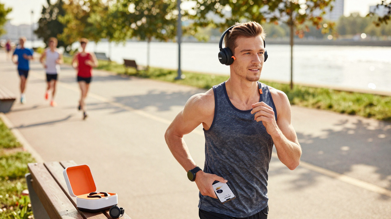 Man jogging with headphones and smartphone on a riverside path on a sunny day with trees and other runners.