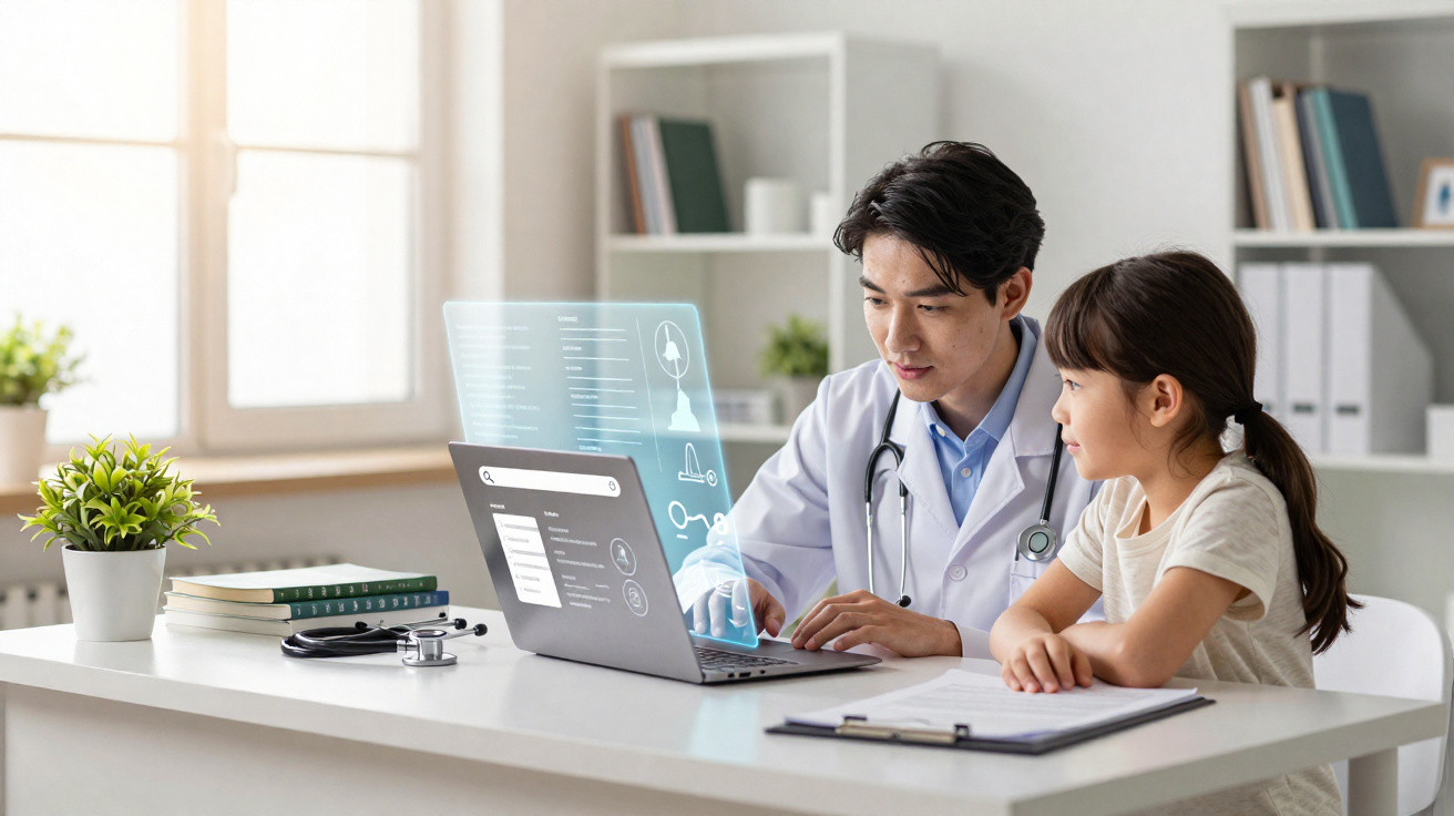 Doctor showing a young girl medical data on a laptop in a bright consultation room.