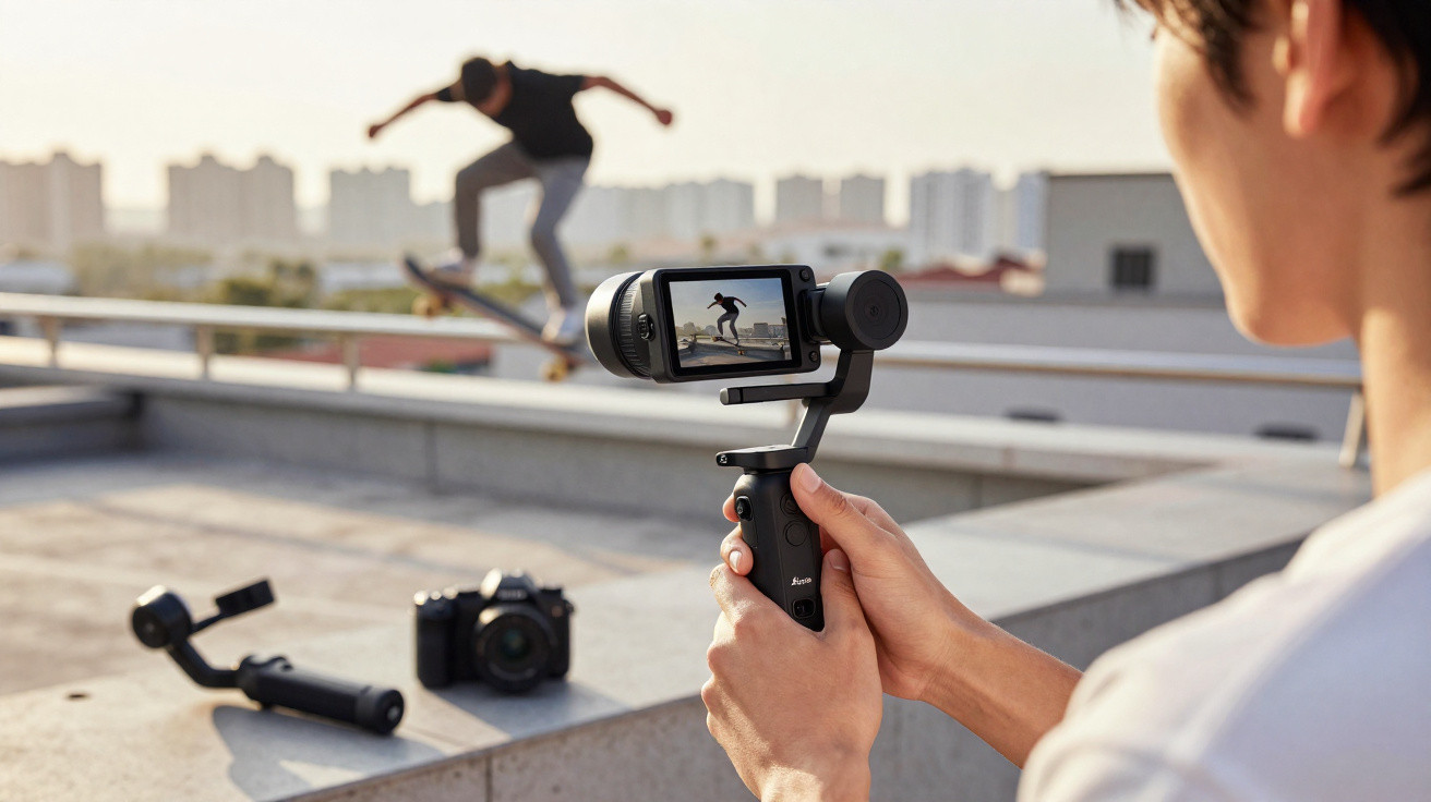 Person filming a skateboarder performing a trick on a rooftop with a handheld stabiliser camera.