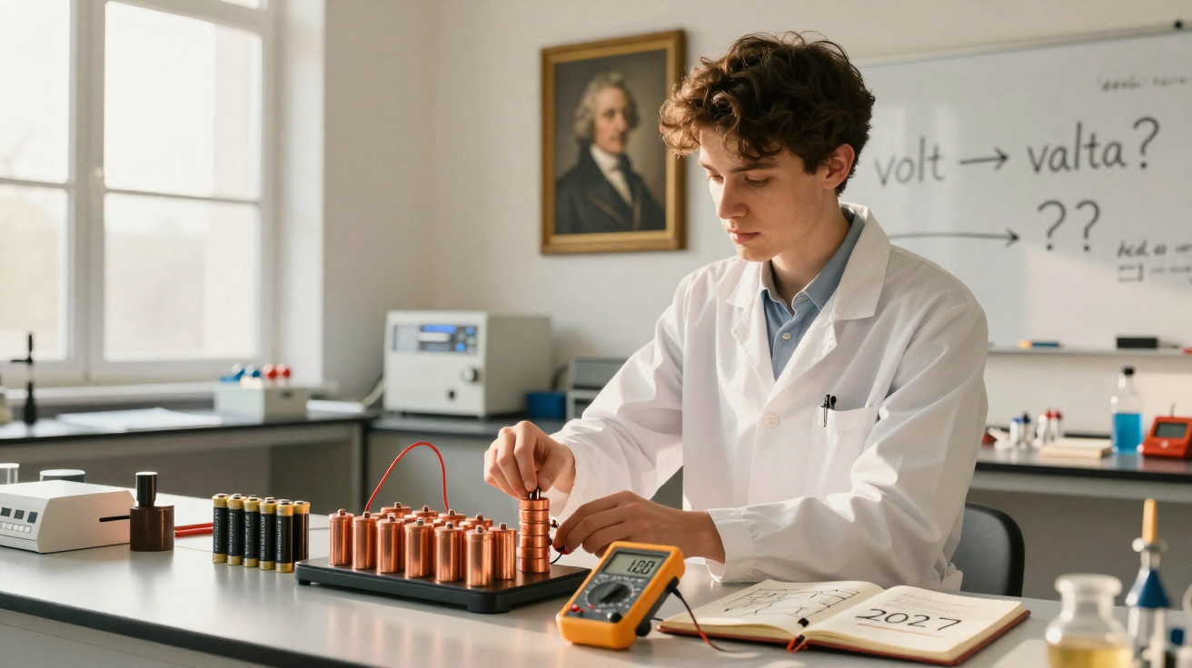 Young scientist in lab coat experimenting with batteries and voltmeter in a bright science classroom.